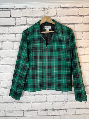 Women's Pendleton Green & Black Plaid Wool Blazer Bomber Jacket Size 16 VINTAGE